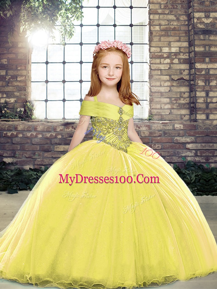 Custom Design Lace Up Little Girl Pageant Dress Yellow for Party and Sweet 16 and Wedding Party with Beading Brush Train