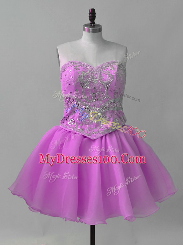 Lilac Organza Lace Up Sweetheart Sleeveless Mini Length Prom Party Dress Beading