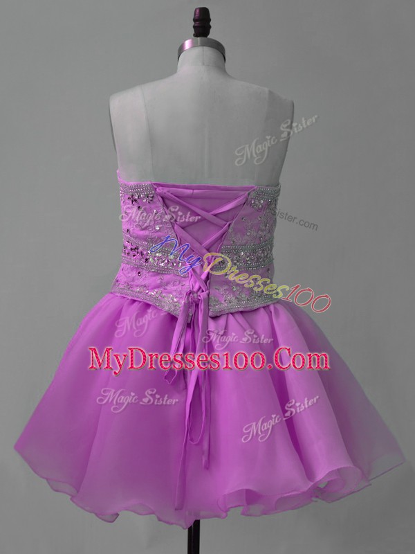 Lilac Organza Lace Up Sweetheart Sleeveless Mini Length Prom Party Dress Beading