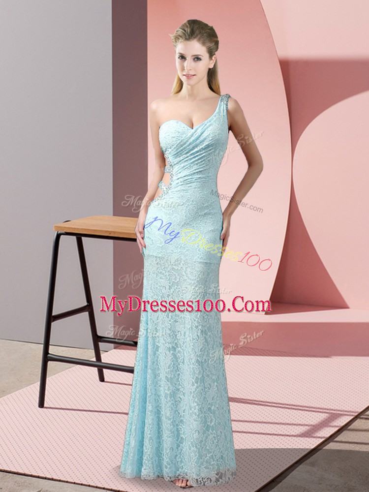 One Shoulder Sleeveless Prom Dress Floor Length Beading and Lace Light Blue Lace