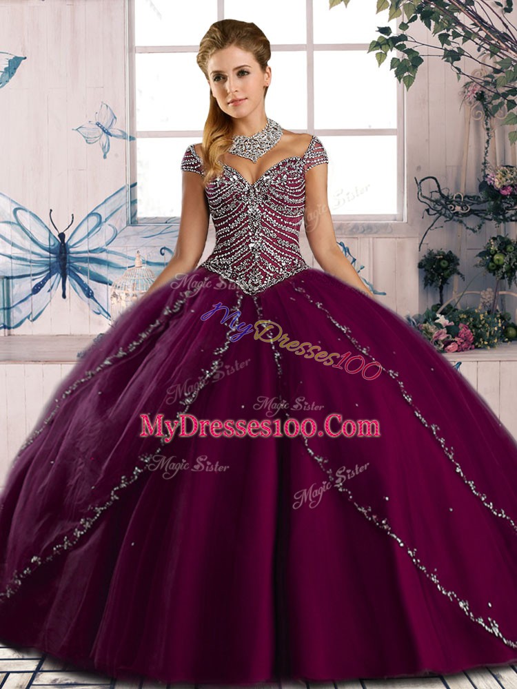 Romantic Sweetheart Cap Sleeves 15 Quinceanera Dress Brush Train Beading Purple Tulle