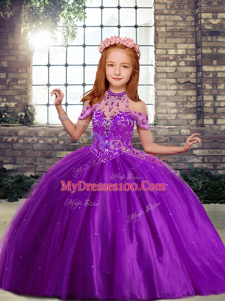 Customized Ball Gowns Girls Pageant Dresses Purple High-neck Tulle Sleeveless Floor Length Lace Up