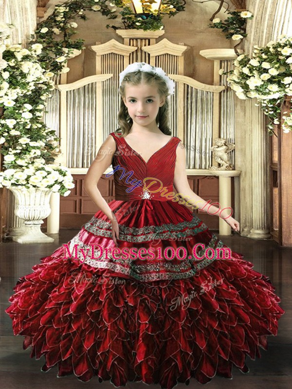 Great V-neck Sleeveless Backless Beading and Appliques and Ruffles Pageant Gowns in Red