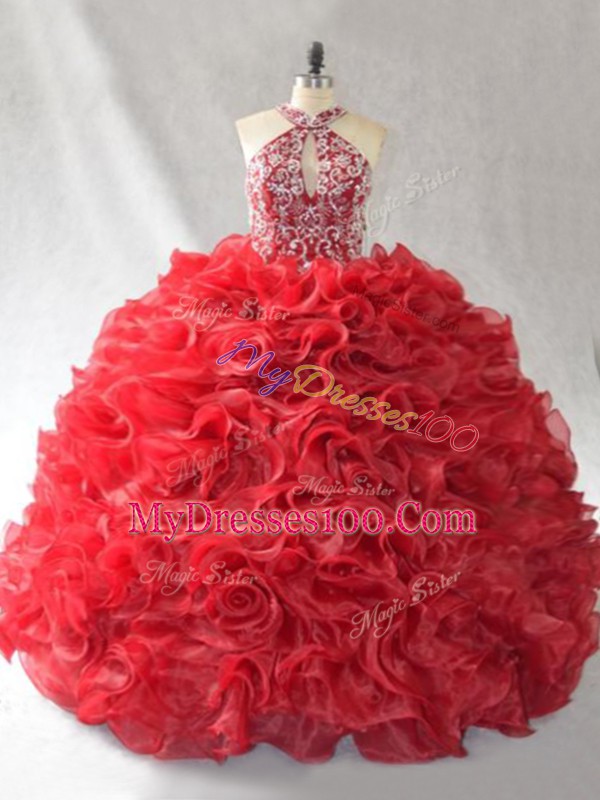 High End Red Lace Up Quinceanera Dress Beading and Ruffles Sleeveless Brush Train