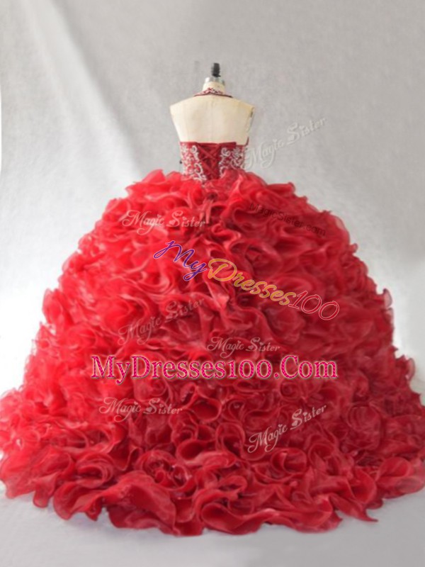 High End Red Lace Up Quinceanera Dress Beading and Ruffles Sleeveless Brush Train