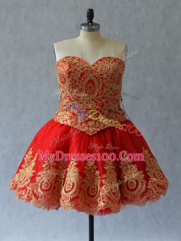 Fabulous Mini Length Lace Up Evening Dress Red for Prom and Party with Appliques and Embroidery