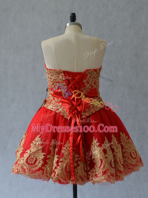 Fabulous Mini Length Lace Up Evening Dress Red for Prom and Party with Appliques and Embroidery