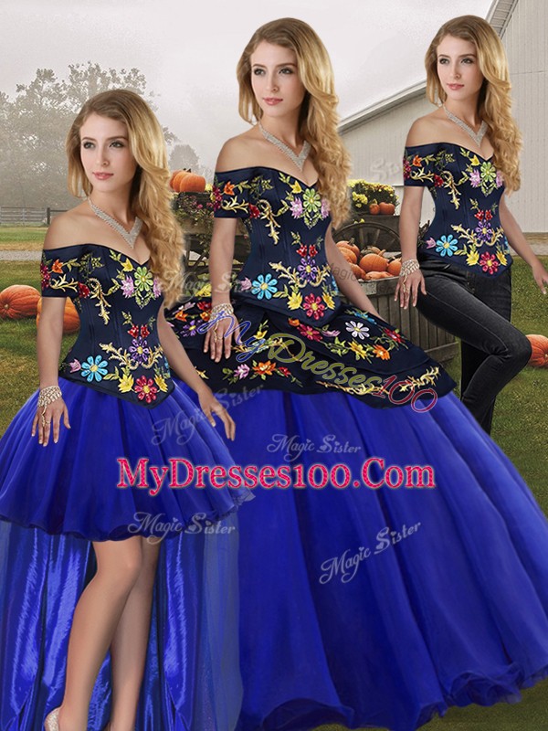 Fantastic Royal Blue Quinceanera Gown Military Ball and Sweet 16 and Quinceanera with Embroidery Off The Shoulder Sleeveless Lace Up