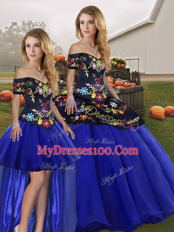 Fantastic Royal Blue Quinceanera Gown Military Ball and Sweet 16 and Quinceanera with Embroidery Off The Shoulder Sleeveless Lace Up
