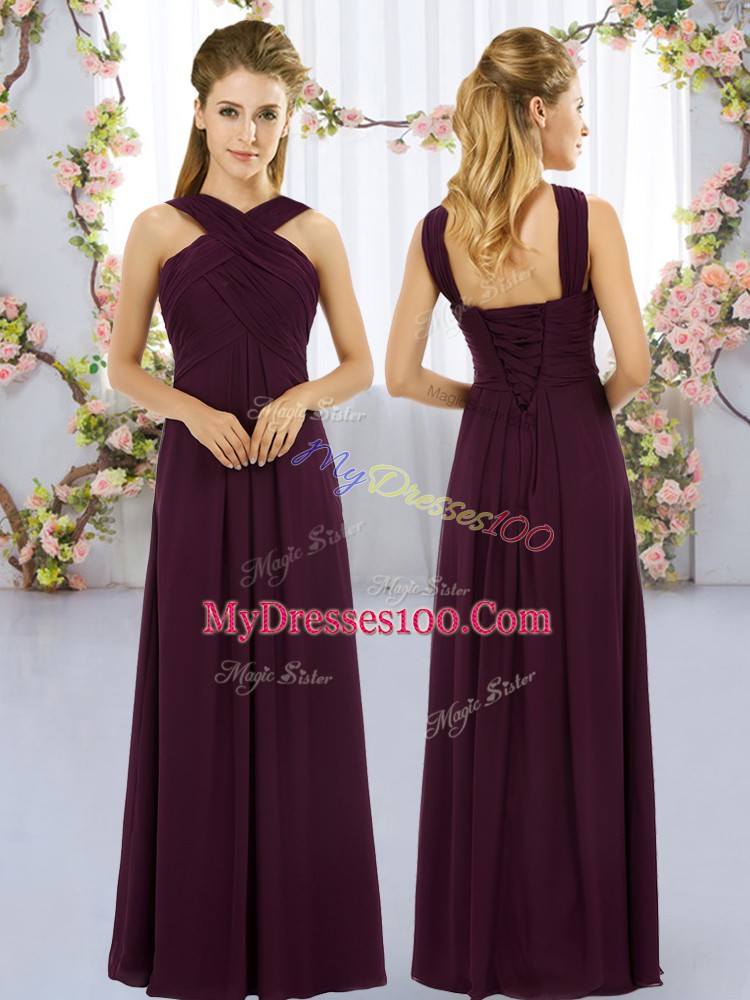 Floor Length Burgundy Dama Dress Chiffon Sleeveless Ruching