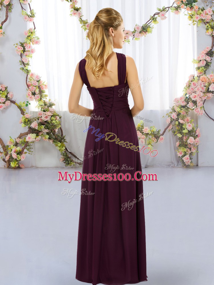 Floor Length Burgundy Dama Dress Chiffon Sleeveless Ruching