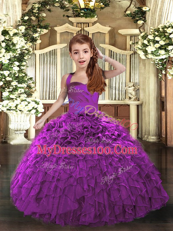 Floor Length Lace Up Kids Formal Wear Purple for Party and Sweet 16 and Wedding Party with Ruffles