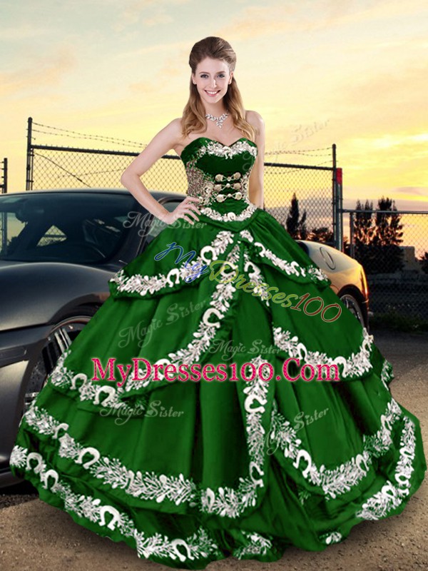 Sweet Dark Green Ball Gowns Appliques and Ruffled Layers Quinceanera Gown Lace Up Satin Sleeveless Floor Length