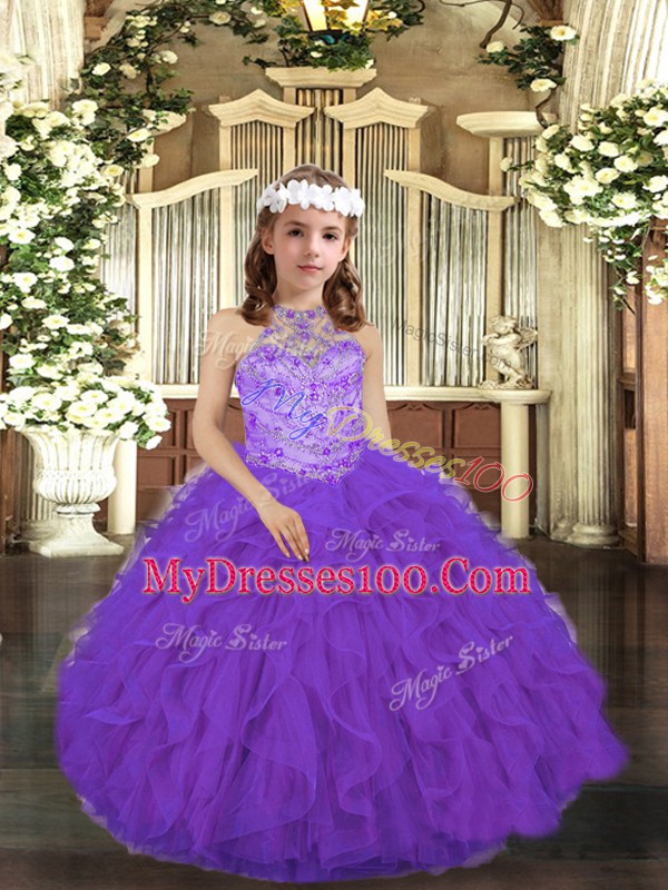 Scoop Sleeveless Lace Up Kids Pageant Dress Purple Tulle