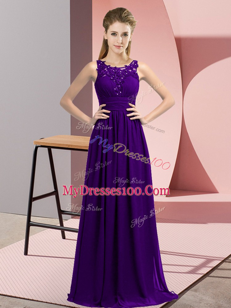 Chiffon Scoop Sleeveless Zipper Beading and Appliques Vestidos de Damas in Purple