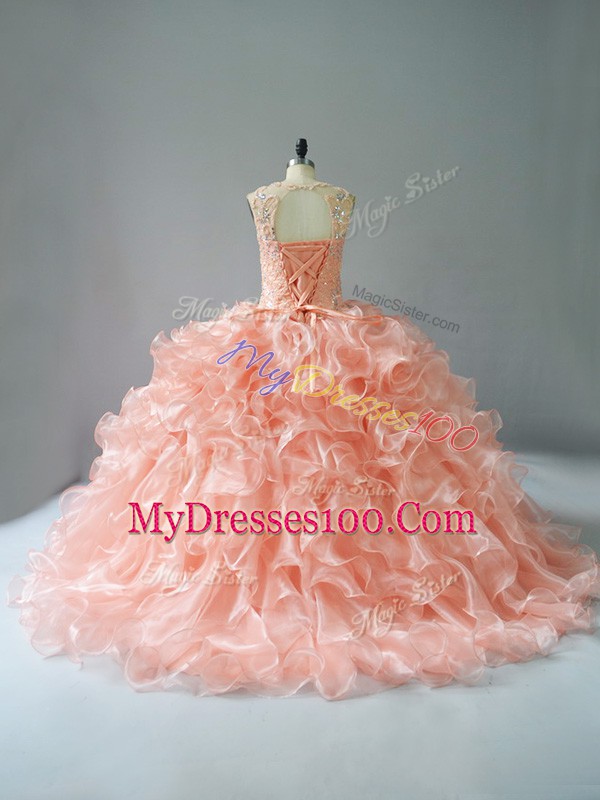 Peach Sleeveless Beading and Ruffles Lace Up Quince Ball Gowns