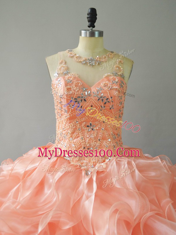Peach Sleeveless Beading and Ruffles Lace Up Quince Ball Gowns