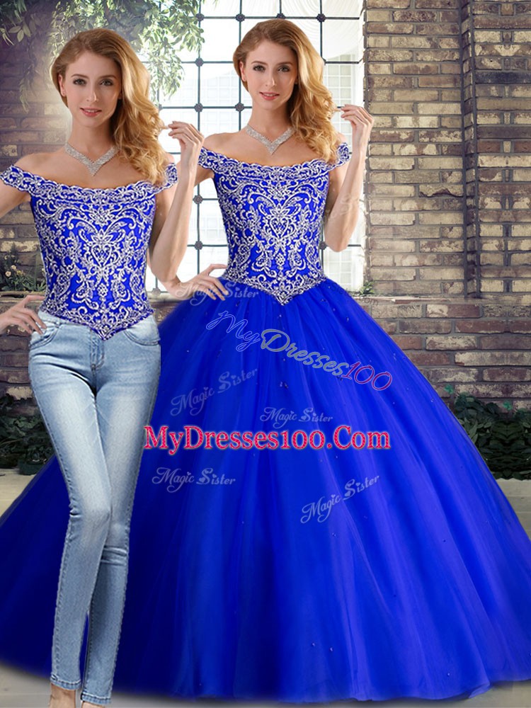 Off The Shoulder Sleeveless Tulle 15th Birthday Dress Beading Brush Train Lace Up
