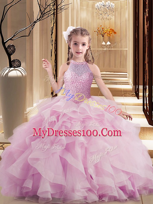 Eye-catching Lilac Sleeveless Floor Length Beading and Ruffles Lace Up Kids Pageant Dress
