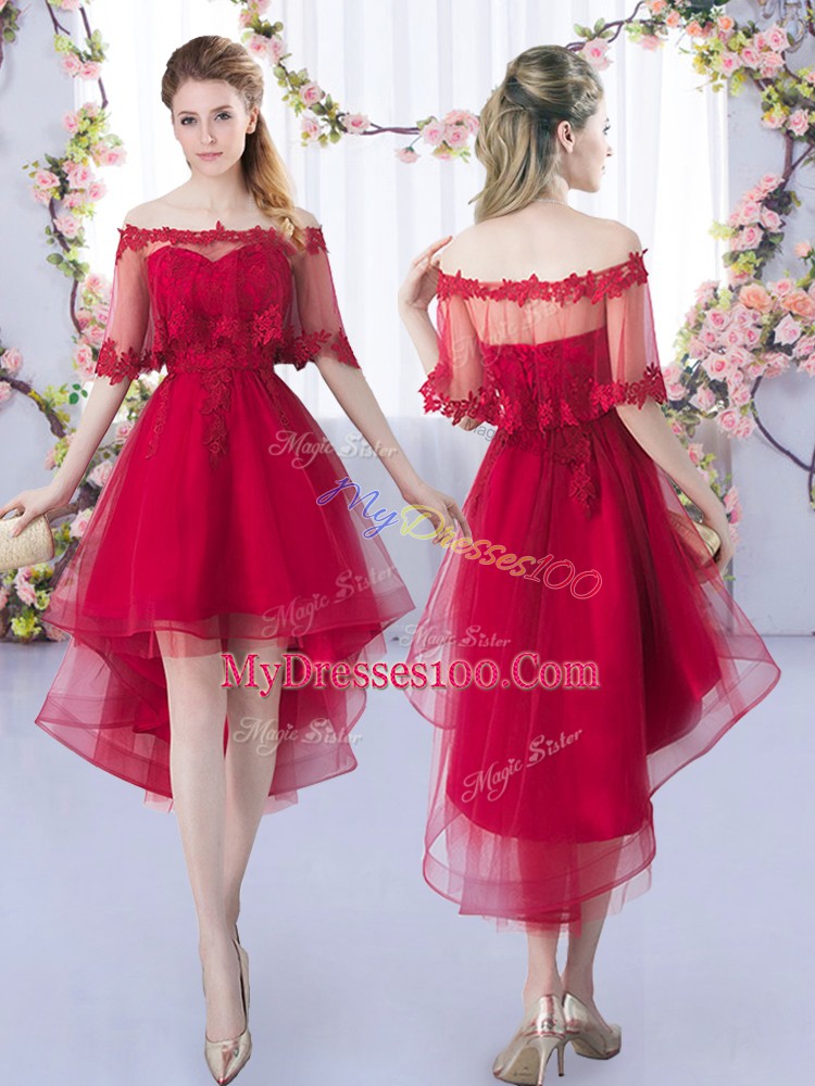Sleeveless Tulle High Low Lace Up Dama Dress for Quinceanera in Wine Red with Lace