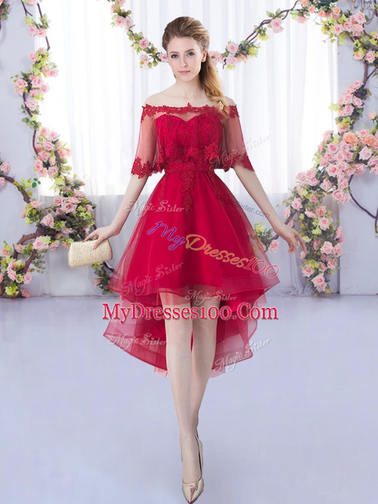 Sleeveless Tulle High Low Lace Up Dama Dress for Quinceanera in Wine Red with Lace