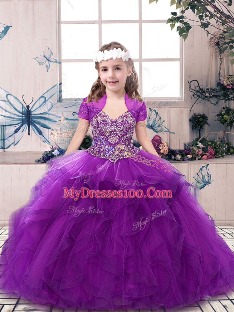 Beautiful Beading and Ruffles Pageant Gowns For Girls Purple Lace Up Sleeveless Floor Length