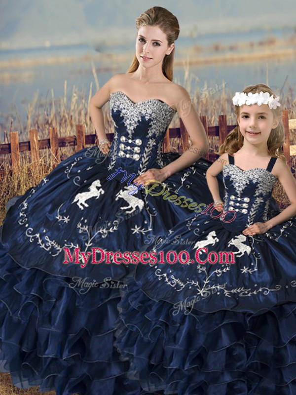 Sweetheart Sleeveless Satin and Organza 15 Quinceanera Dress Embroidery and Ruffles Lace Up