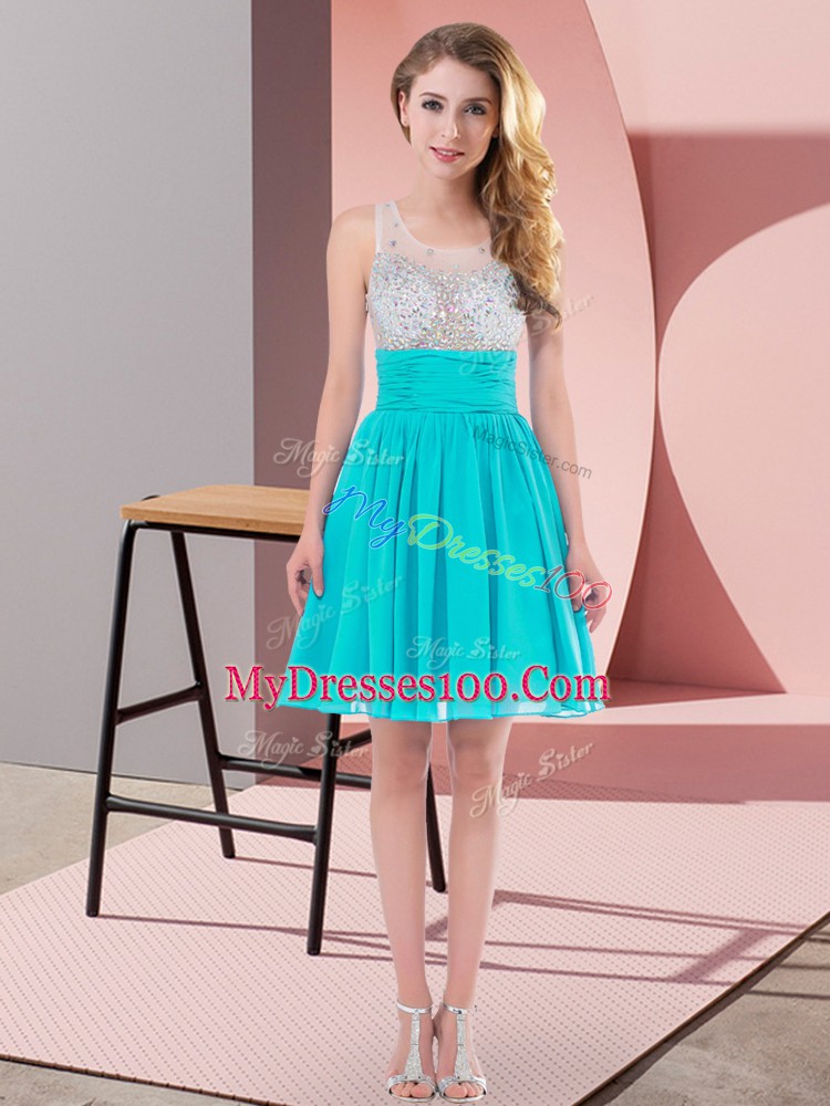 Traditional Scoop Sleeveless Bridesmaid Dress Mini Length Beading Aqua Blue Chiffon
