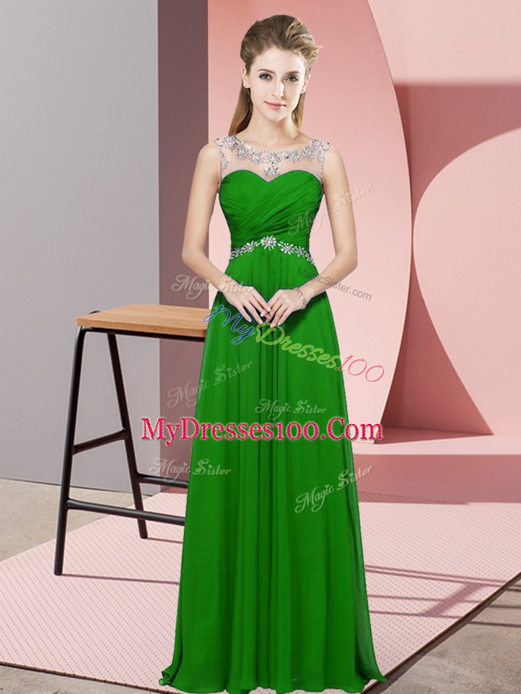 Sophisticated Sleeveless Chiffon Floor Length Backless Homecoming Dress in Green with Beading