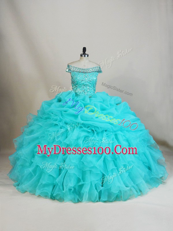 Ball Gowns Ball Gown Prom Dress Aqua Blue Off The Shoulder Organza Sleeveless Floor Length Lace Up