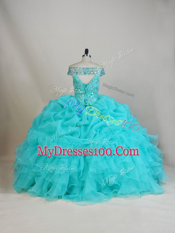 Ball Gowns Ball Gown Prom Dress Aqua Blue Off The Shoulder Organza Sleeveless Floor Length Lace Up