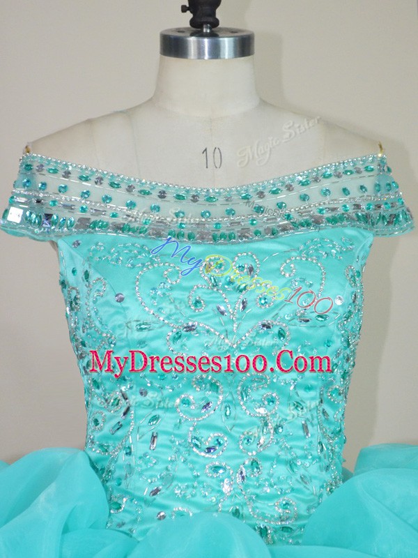 Ball Gowns Ball Gown Prom Dress Aqua Blue Off The Shoulder Organza Sleeveless Floor Length Lace Up