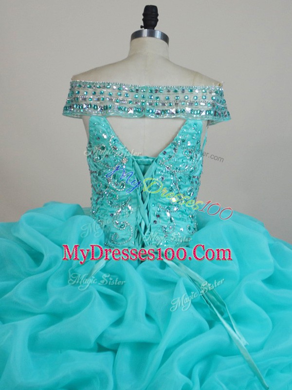Ball Gowns Ball Gown Prom Dress Aqua Blue Off The Shoulder Organza Sleeveless Floor Length Lace Up