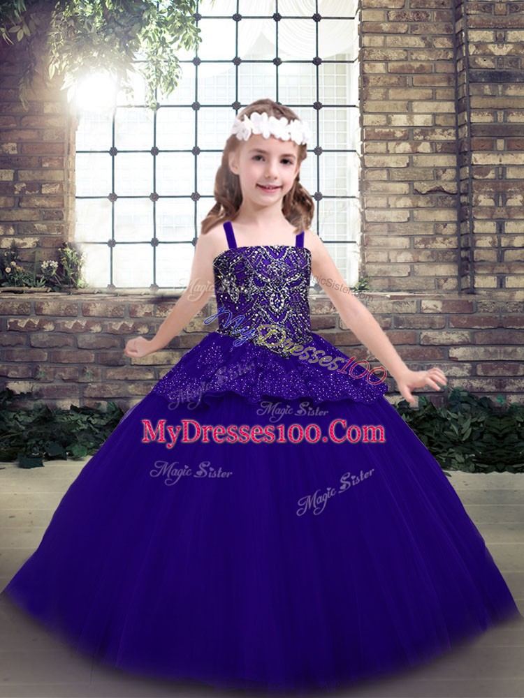 Modern Floor Length Ball Gowns Sleeveless Purple Kids Pageant Dress Lace Up