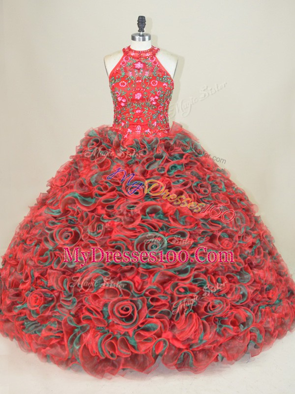Stunning Brush Train Ball Gowns Quinceanera Dresses Multi-color Halter Top Sleeveless Lace Up