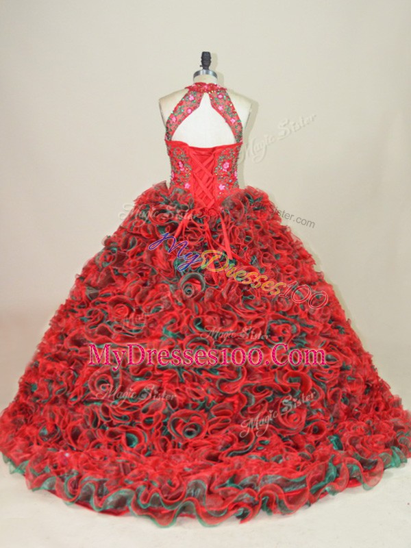 Stunning Brush Train Ball Gowns Quinceanera Dresses Multi-color Halter Top Sleeveless Lace Up