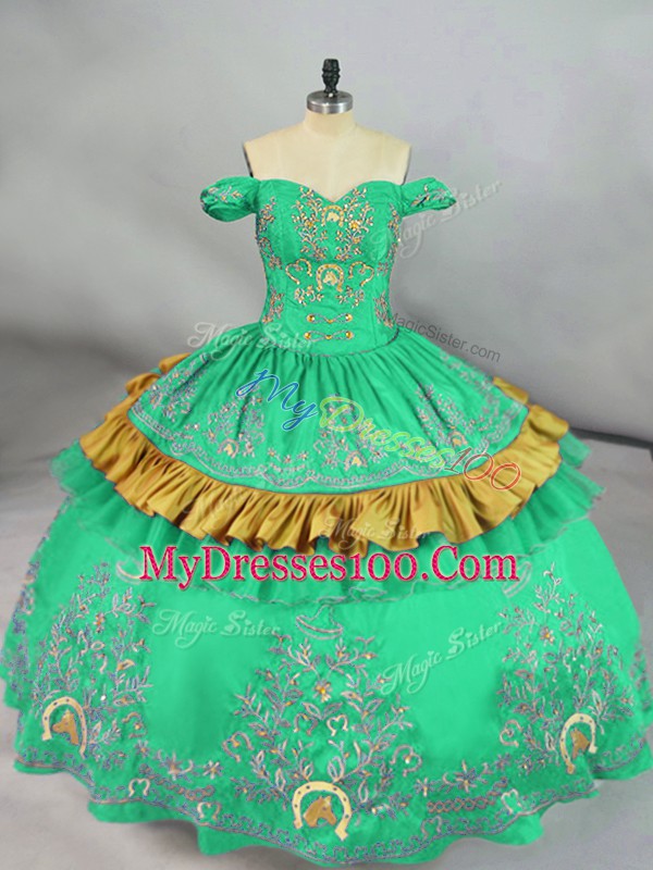 Turquoise Ball Gowns Embroidery Quinceanera Gown Zipper Satin Sleeveless Floor Length