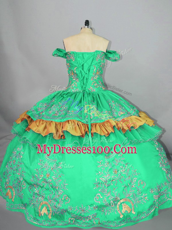 Turquoise Ball Gowns Embroidery Quinceanera Gown Zipper Satin Sleeveless Floor Length