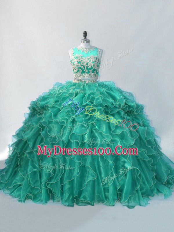 Wonderful Turquoise 15th Birthday Dress Scoop Sleeveless Brush Train Zipper