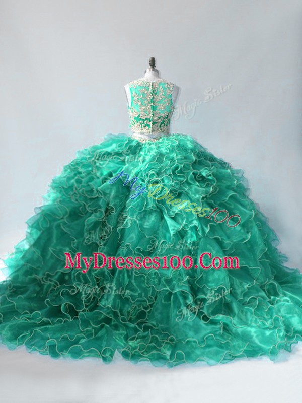 Wonderful Turquoise 15th Birthday Dress Scoop Sleeveless Brush Train Zipper