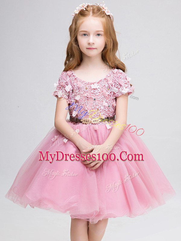 Wonderful Pink Lace Up Scoop Lace and Belt Toddler Flower Girl Dress Tulle Short Sleeves