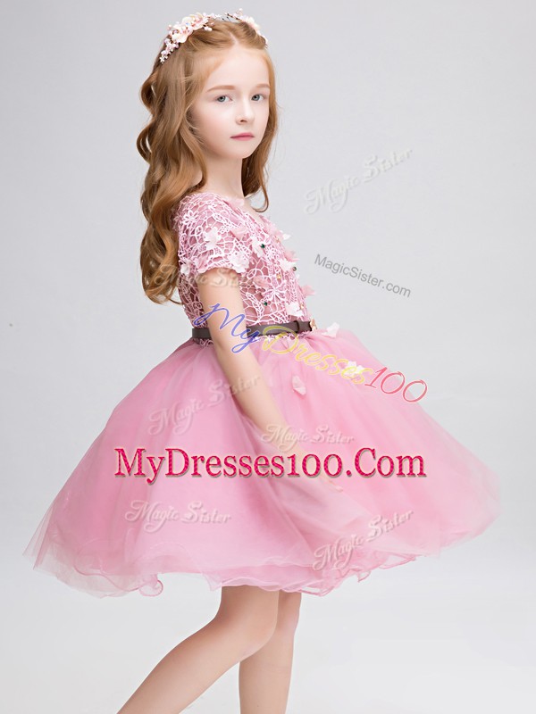 Wonderful Pink Lace Up Scoop Lace and Belt Toddler Flower Girl Dress Tulle Short Sleeves