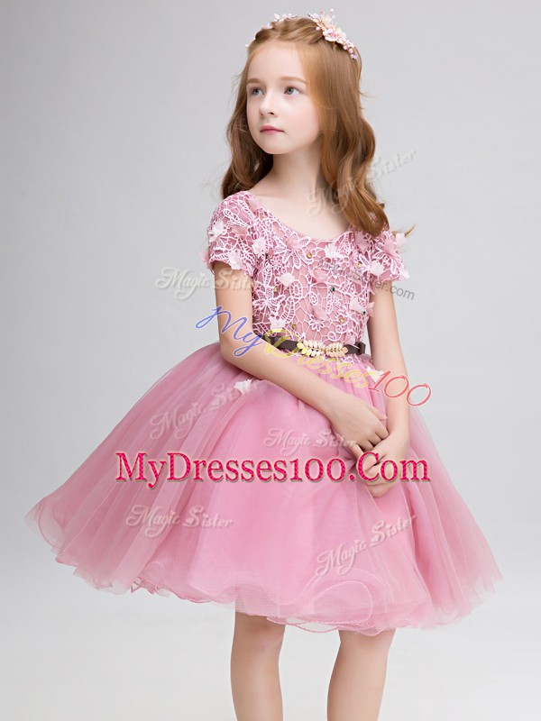 Wonderful Pink Lace Up Scoop Lace and Belt Toddler Flower Girl Dress Tulle Short Sleeves
