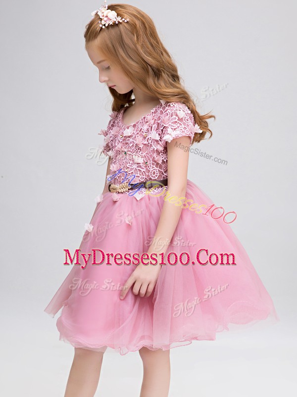 Wonderful Pink Lace Up Scoop Lace and Belt Toddler Flower Girl Dress Tulle Short Sleeves