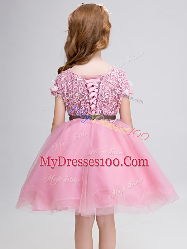 Wonderful Pink Lace Up Scoop Lace and Belt Toddler Flower Girl Dress Tulle Short Sleeves