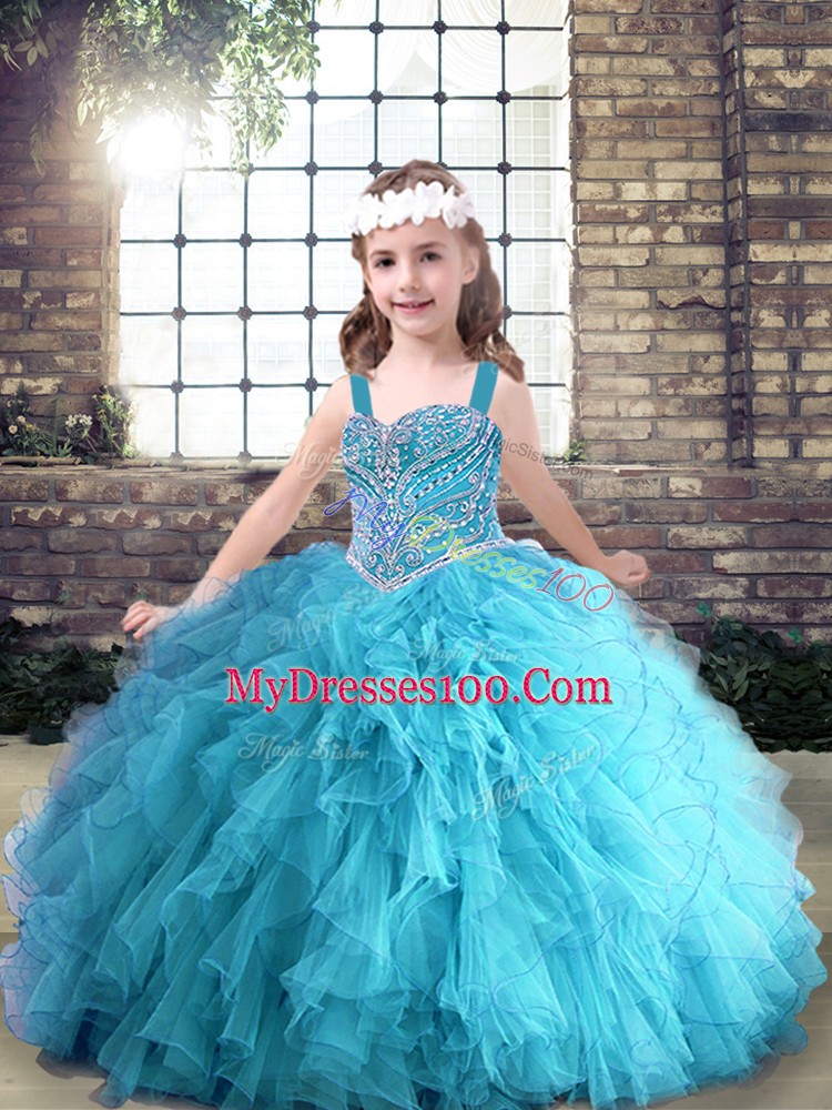 Discount Straps Sleeveless Tulle Little Girl Pageant Gowns Beading and Ruffles Lace Up