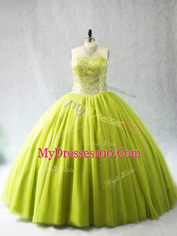 High Class Yellow Green Sweet 16 Dresses Sweet 16 and Quinceanera with Beading Halter Top Sleeveless Lace Up
