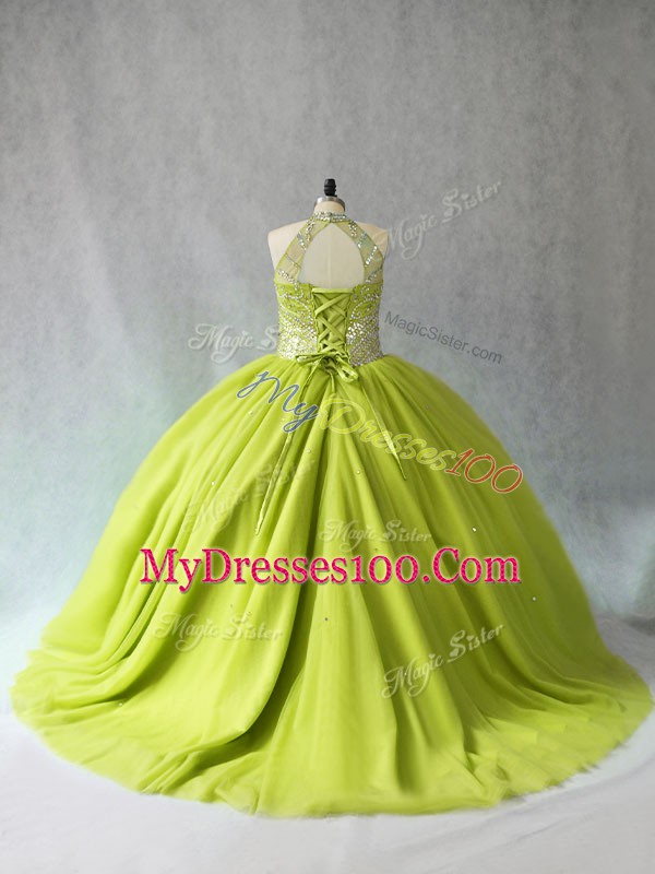 High Class Yellow Green Sweet 16 Dresses Sweet 16 and Quinceanera with Beading Halter Top Sleeveless Lace Up