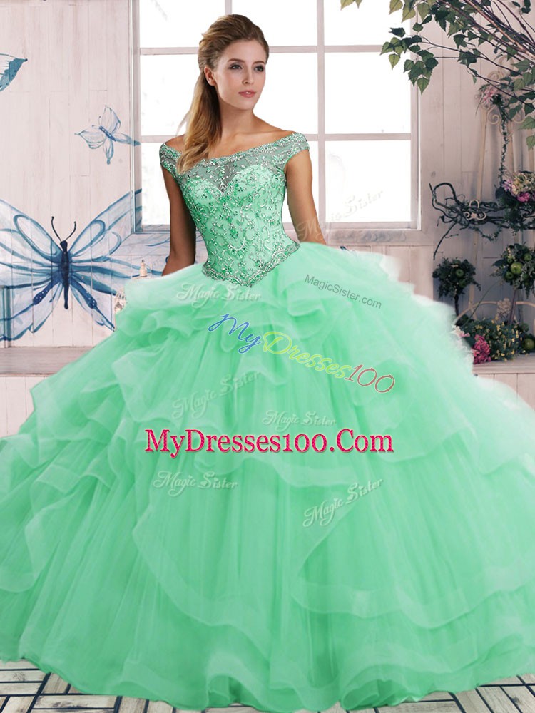 Apple Green Sleeveless Tulle Lace Up Sweet 16 Dress for Military Ball and Sweet 16 and Quinceanera