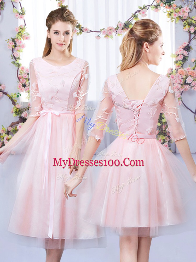 Best Tea Length Baby Pink Damas Dress Tulle Half Sleeves Lace and Belt